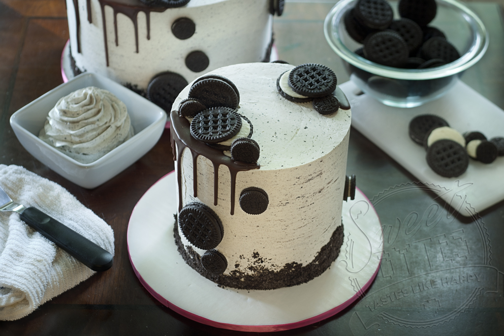 Small cookies and cream cake with cookies artfully arrange on cake 