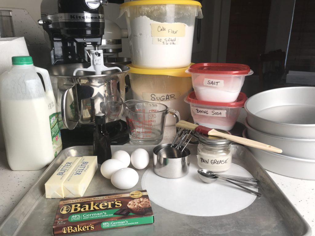 baking equipment and ingredients for How to Read a Recipe's German Chocolate Cake 