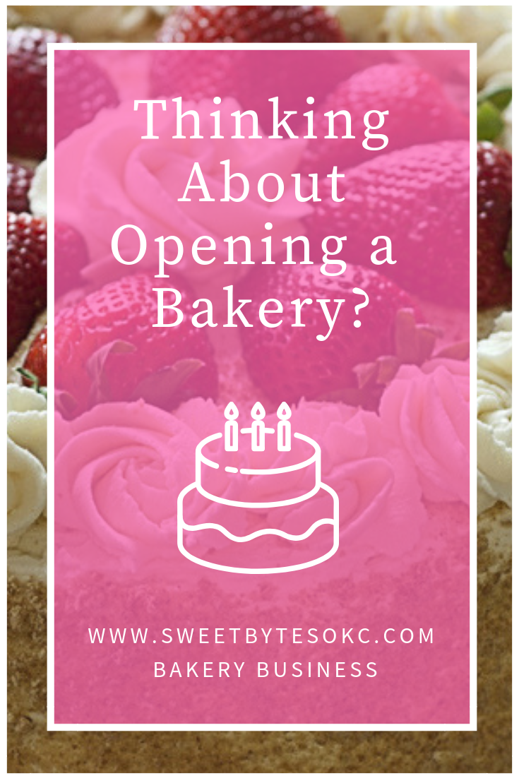 A graphic with "thinking about opening a bakery" written on a pink rectangle. 