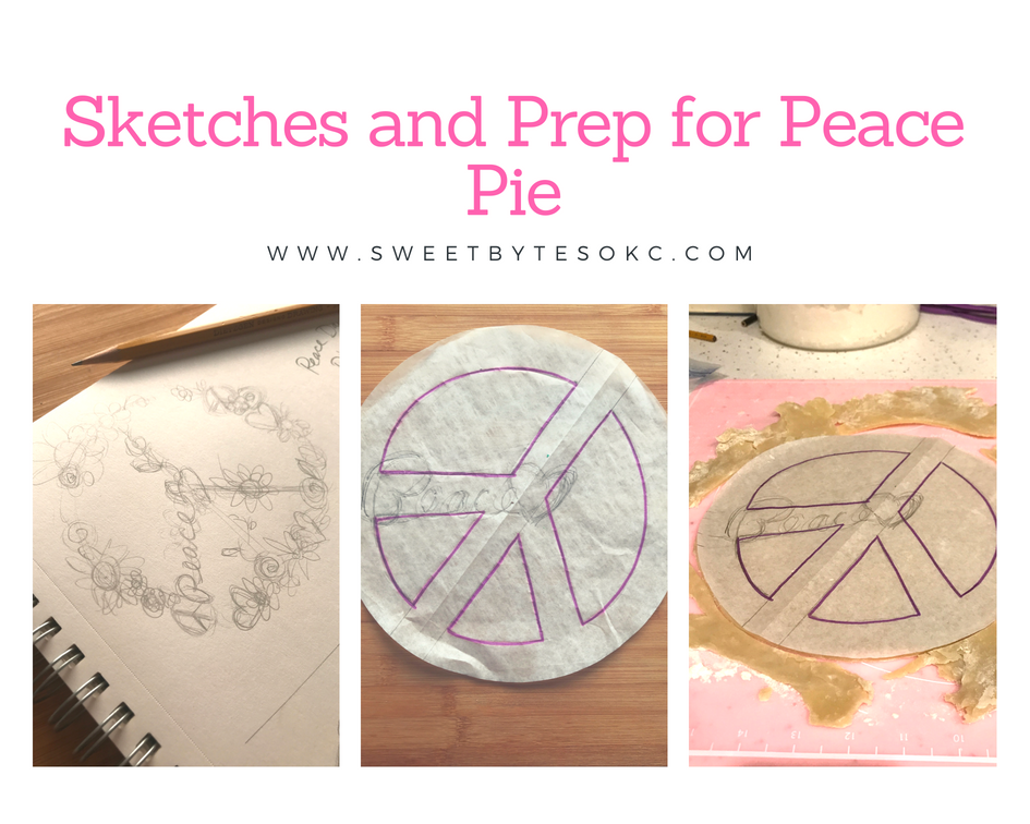 3 images on a graphic. 1) Sketch of floral peace sign 2) Drawing of peace sign on a 9" circle 3) 9" circle drawing being cut out of pie crust 