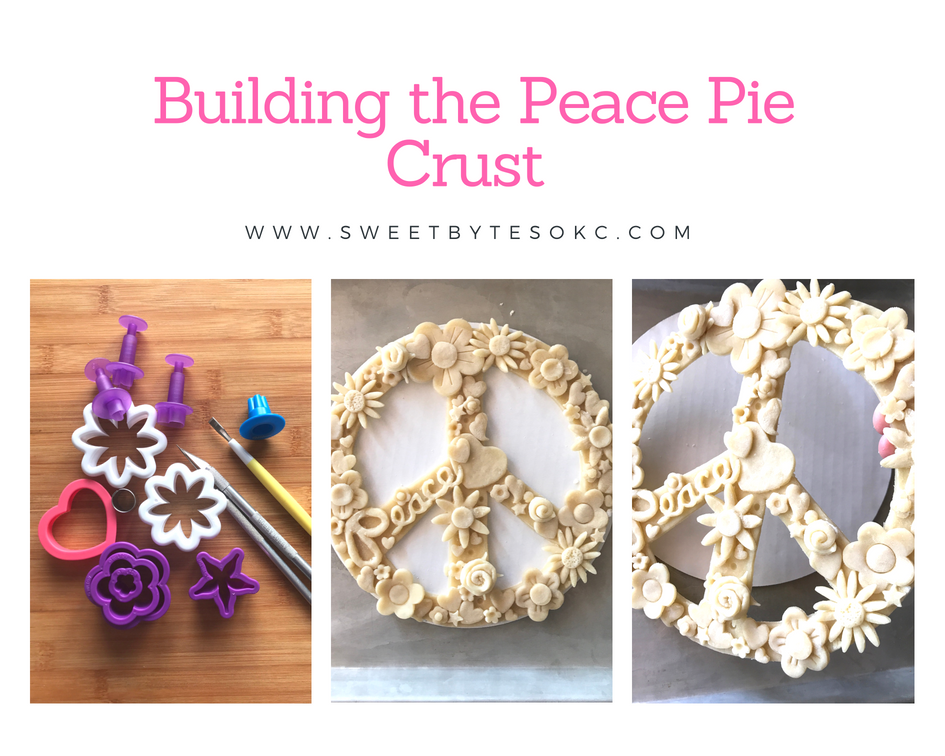 3 images on a graphic 1) various cookie and fondant cutters 2) a floral peace sign made of pie crust 3) a close of of the pie crust peace sign 