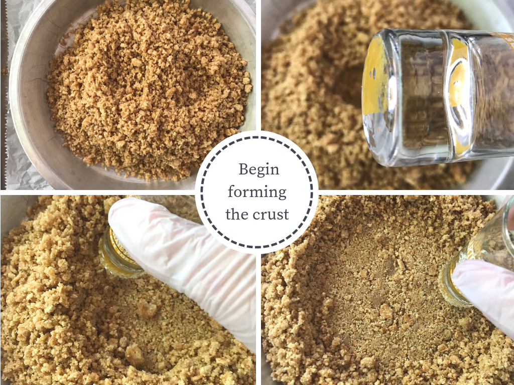 4 images showing how to begin forming a graham cracker crust for pie
