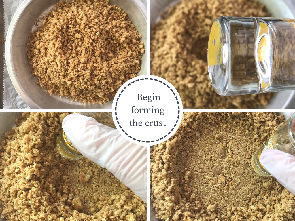 4 images showing how to begin forming a graham cracker crust for pie 