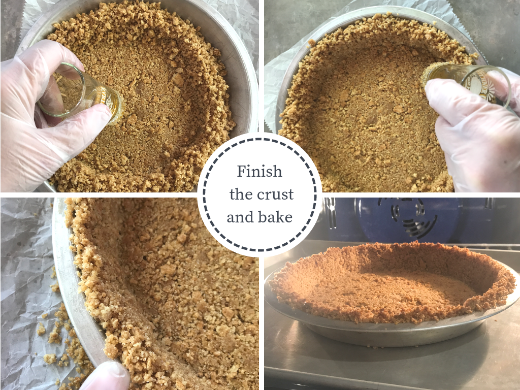 4 images showing how to finish shaping the graham cracker crust and bake the crust