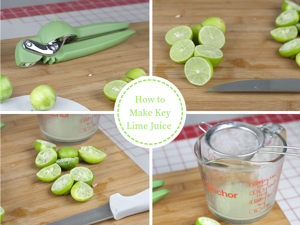 4 images demonstrating how to make fresh key lime juice. A citrus juicer, sliced key limes, key limes that have been juiced, and a measuring cup with a strainer for straining key lime juice.