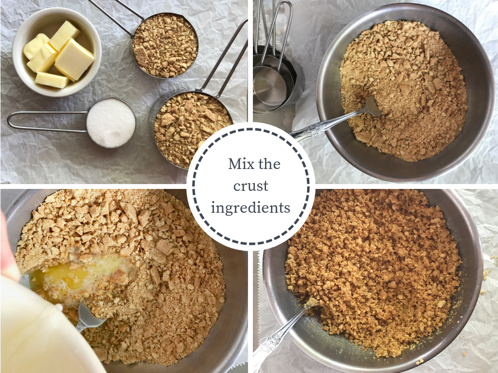 4 images showing how to mix the crust ingredients for a graham cracker crust recipe