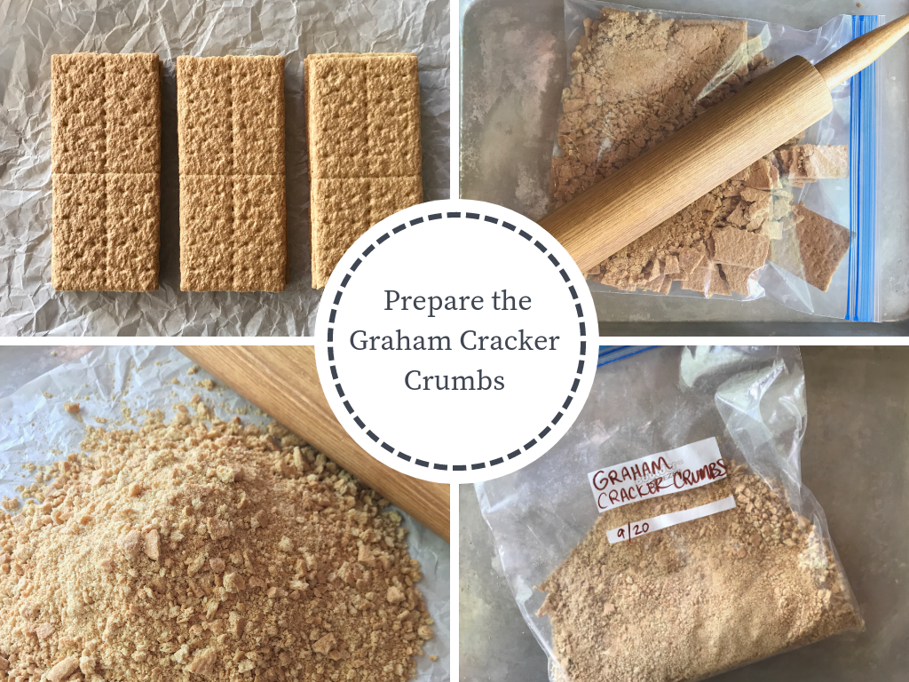 4 images demonstrating preparing graham cracker crust 1) graham crackers 2) crushed graham crackers 3) pile of graham cracker crumbs 4) Zip bag full of crumbs