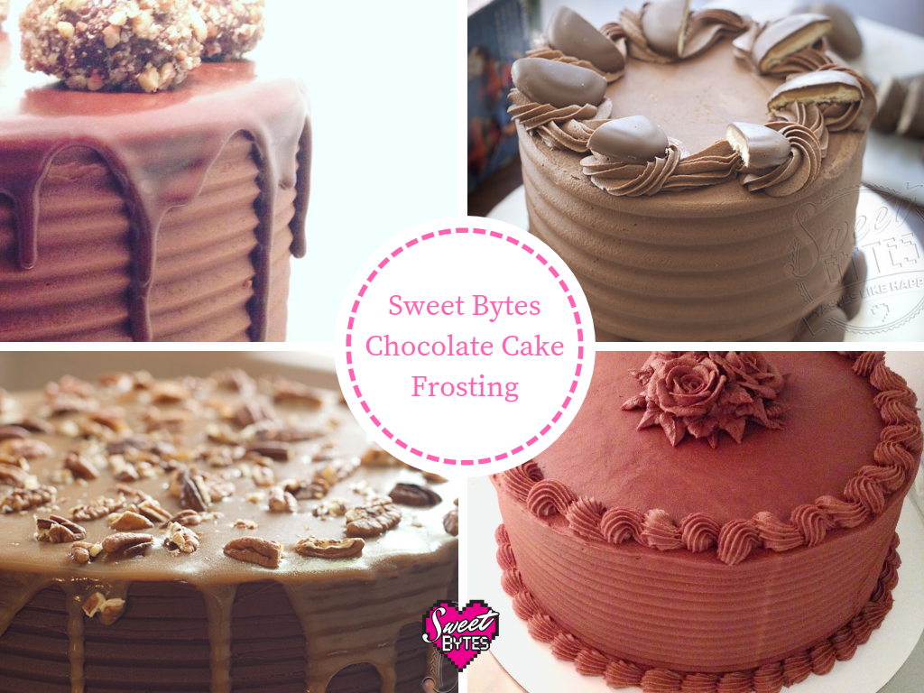 Four Photos on a graphic showing different cakes with Sweet Bytes chocolate cake frosting
