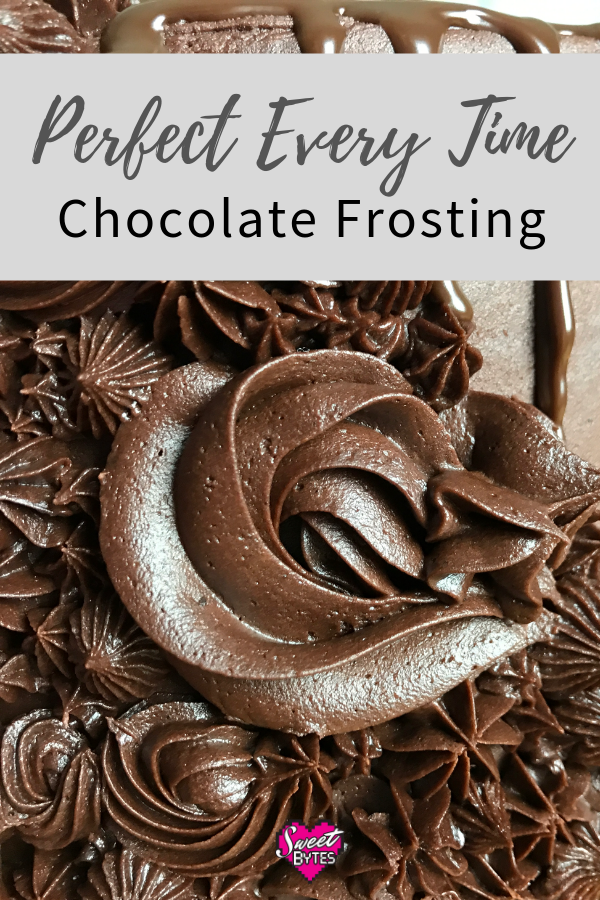 A chocolate frosting image for pinterest with piped stars and rosettes of chocolate cake frosting 