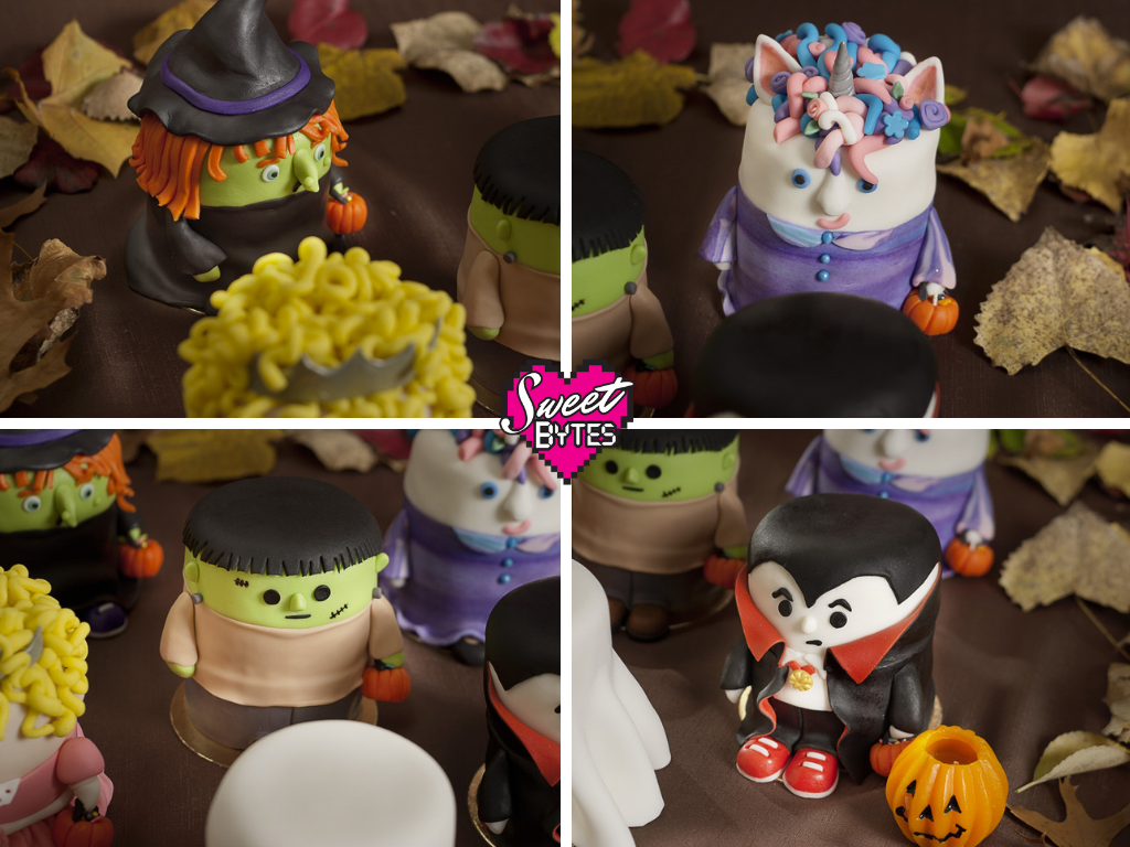 4 picture collage showing finished Halloween cakes: Witch, Unicorn, Frankenstein, and Dracula