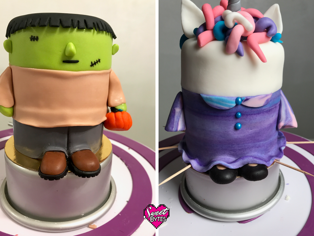 A side by side shot of a Frankenstein Halloween cake and a Unicorn Halloween cake in progress