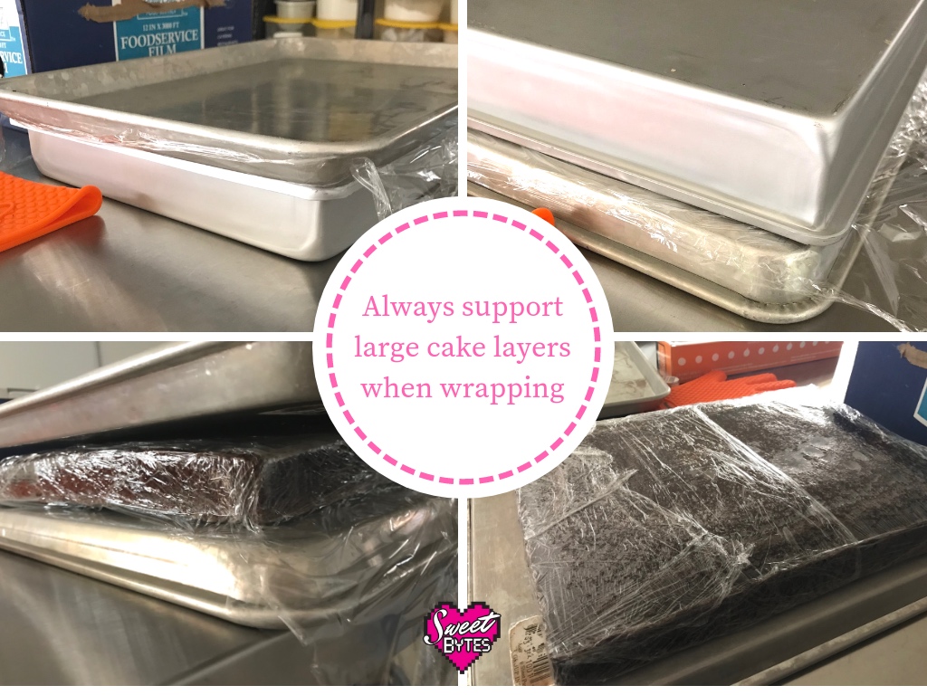 4 images showing how to store a large baked cake layer