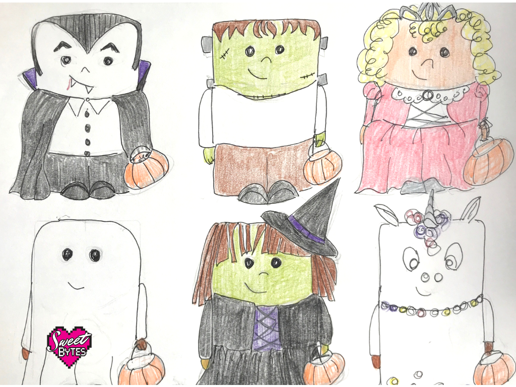 Sketch of my mini halloween cakes. Dracula, Frankenstein, Princess, Ghost, Witch, and Unicorn