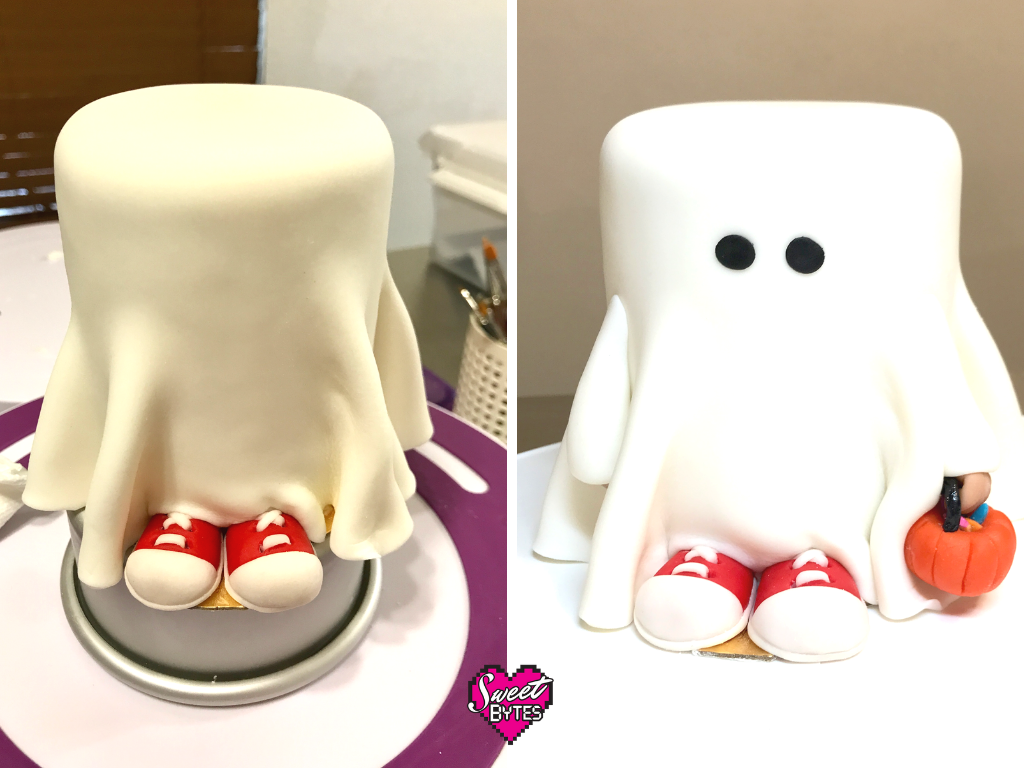 Side by side pictures of Ghost Halloween cake in process and complete