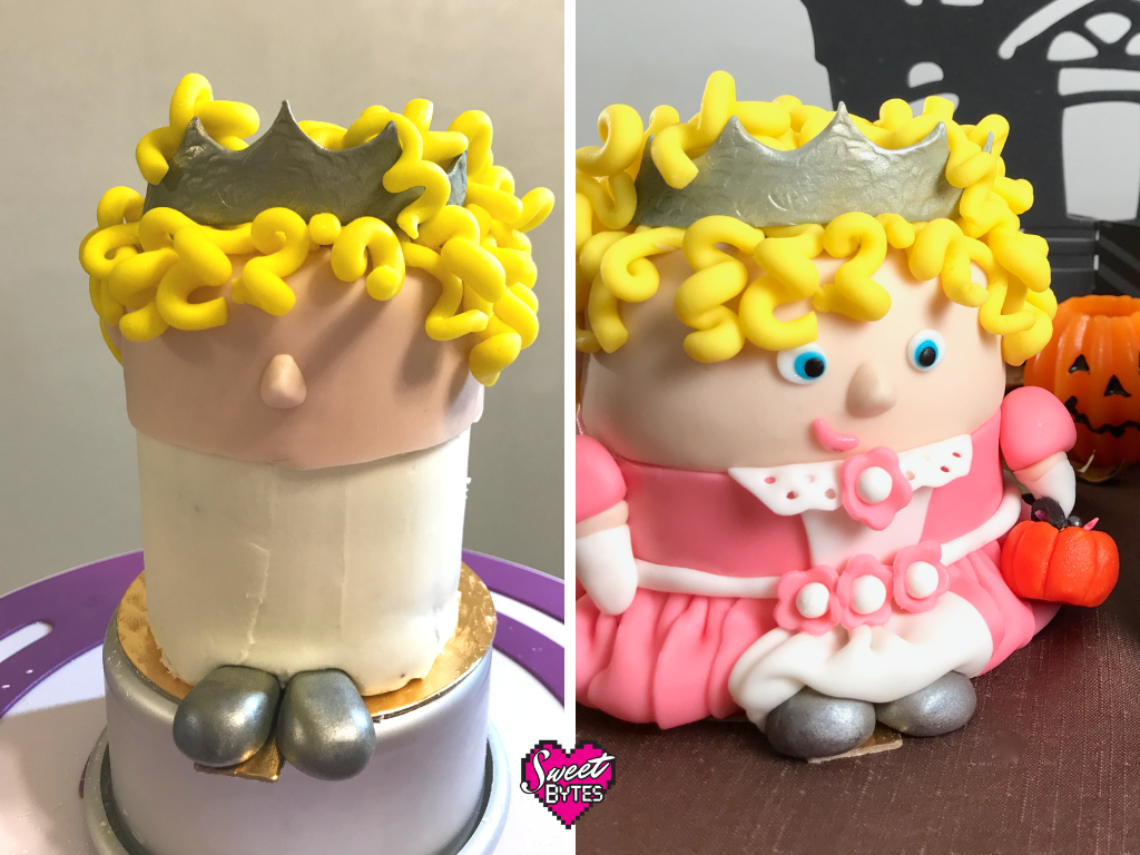 A side by side shot of a princess Halloween cake. The left is half finished, the right is completed 