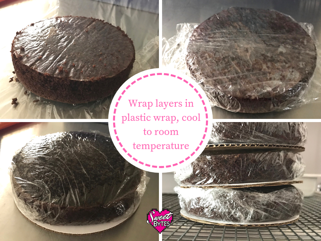 Four images of cake layers wrapped and stored in plastic