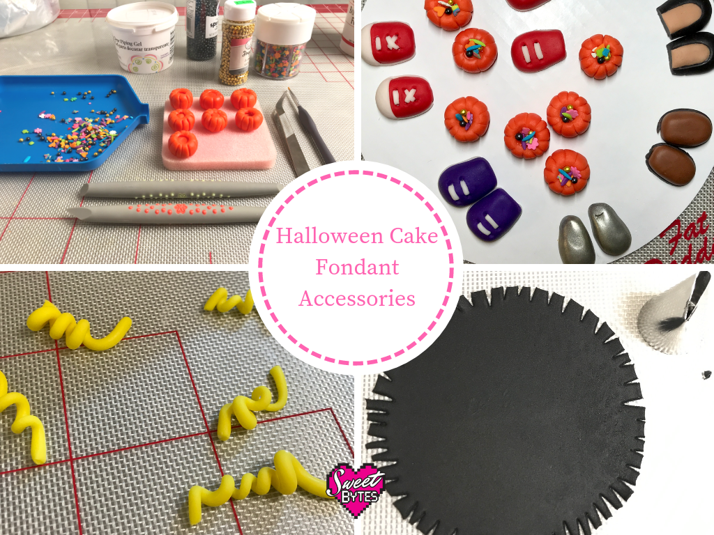 A graphic with 4 images showing the Halloween cake fondant accessories 