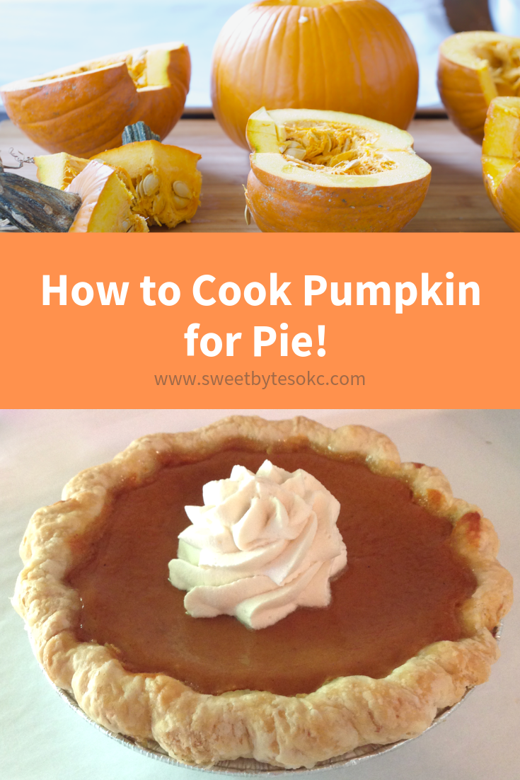 A graphic for pinterest on how to cook pumpkin for pie with fresh pumpkins on top and a pumpkin pie on the bottom 