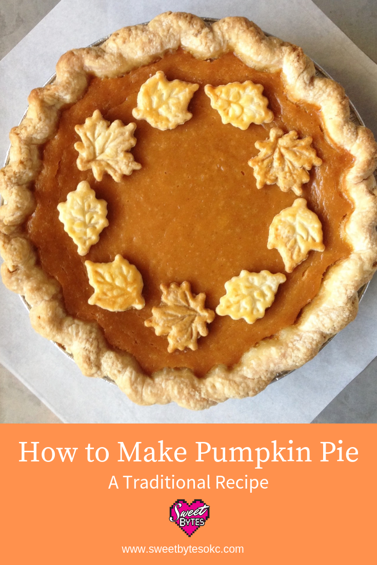 A pinterest graphic with a pumpkin pie decorated with pie crust leaves 