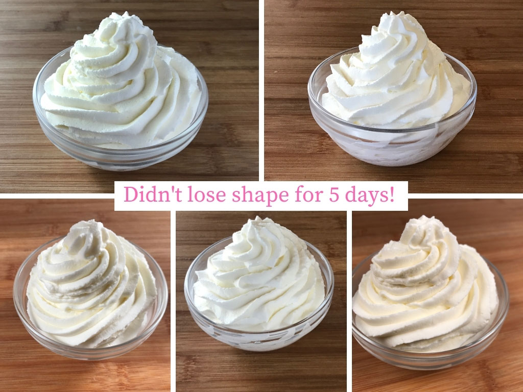 5 pictures of the same bowl of whipped cream on 5 different days to show how well this recipe lasts