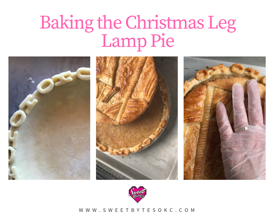 a graphic with 3 images of the Christmas pie crust being baked and placed on top of the baked pie