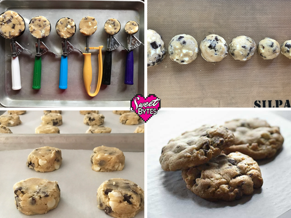 Baking cookies like a pro using cookie scoops to make beautiful cookies a graphic with 4 photos for baking cookies, cookie scoops, scooped cookies, cookies on baking sheet, baked cookies