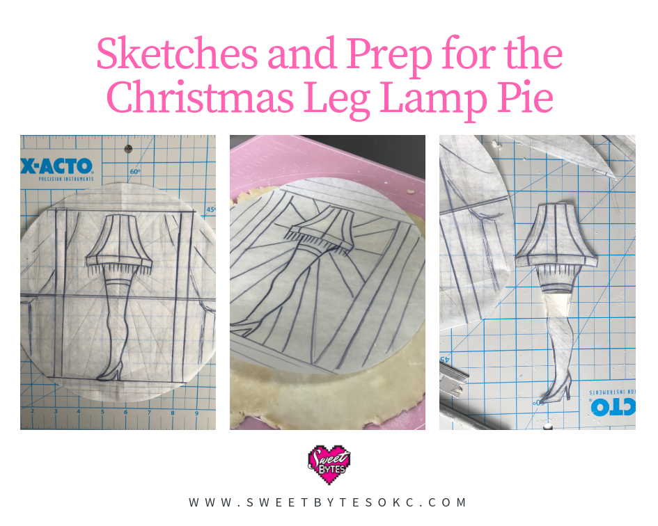 a graphic with three images showing the sketches and making of the Christmas leg lamp pie 