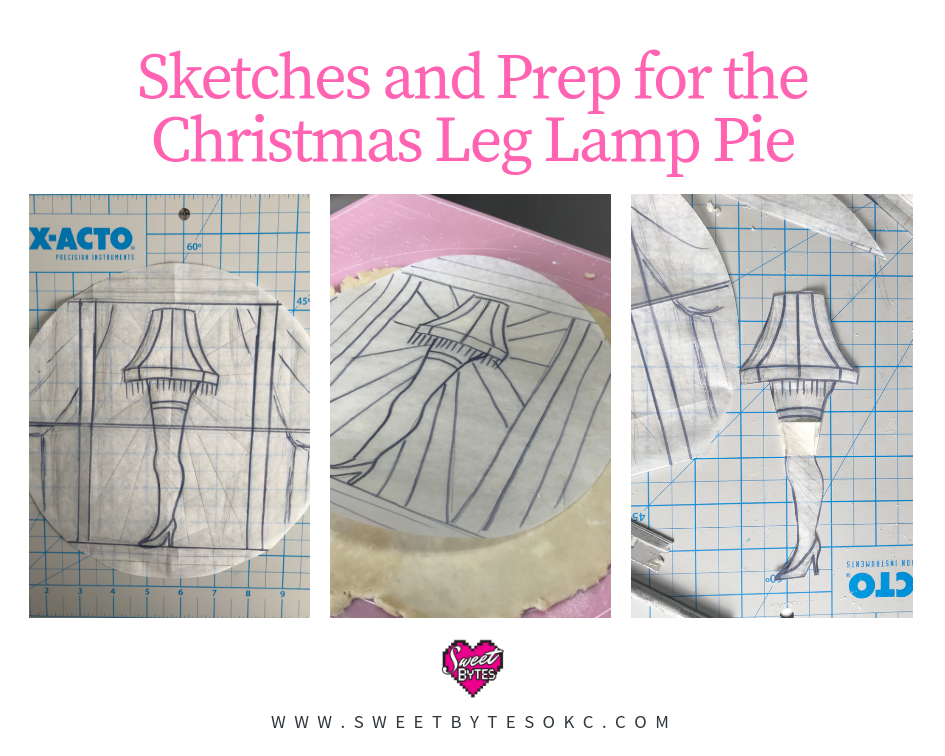 a graphic with three images showing the sketches and making of the Christmas leg lamp pie