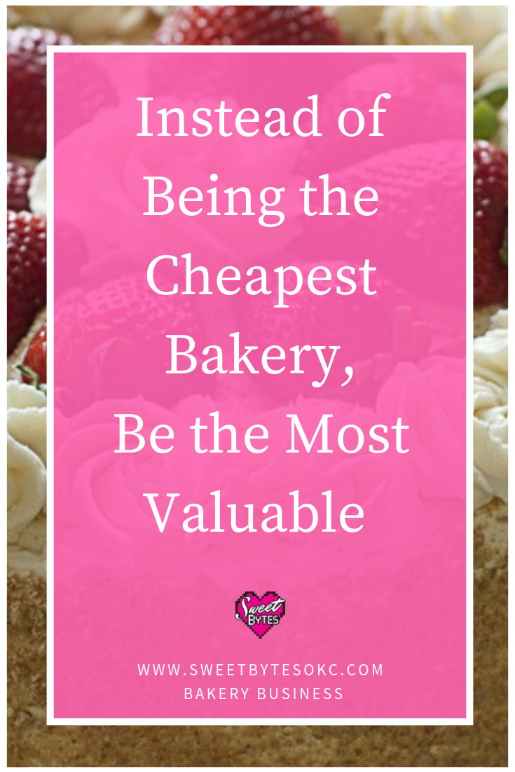 A graphic made for pinterest with the words Instead of being the cheapest bakery, be the most valuable