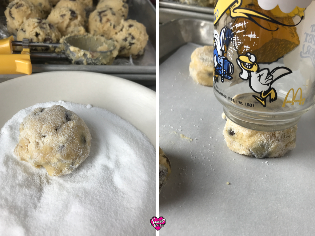 two photos side by side of cookie dough ball being rolled in sugar then slightly flattened with bottom of a vintage McDonald's glass