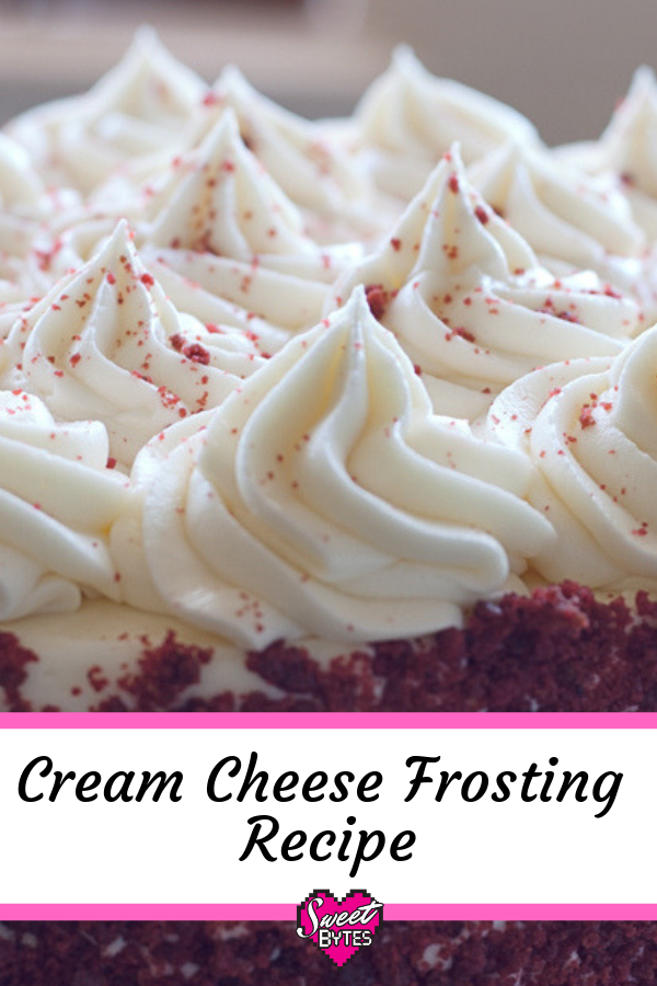 A long graphic made for pinterest with a close up of piped cream cheese frosting on top of a red velvet cake.