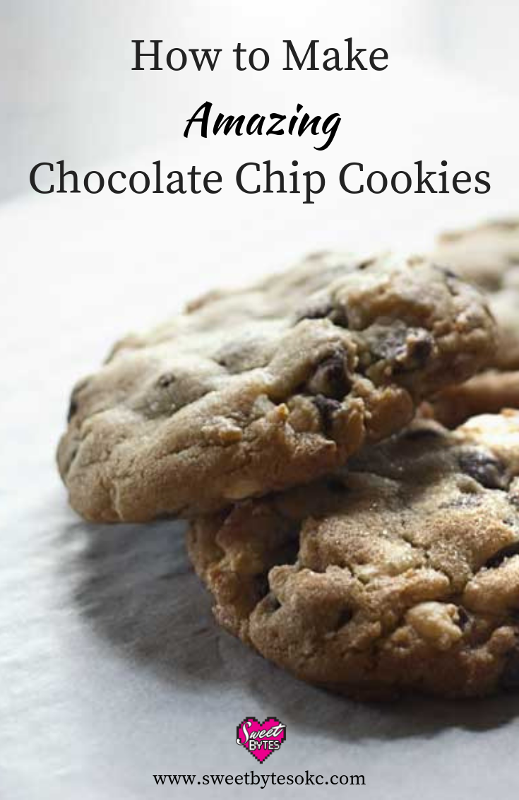 A close up view of 3 chocolate chip cookies on a white paper with the words, "how to make amazing chocolate chip cookies" above the image