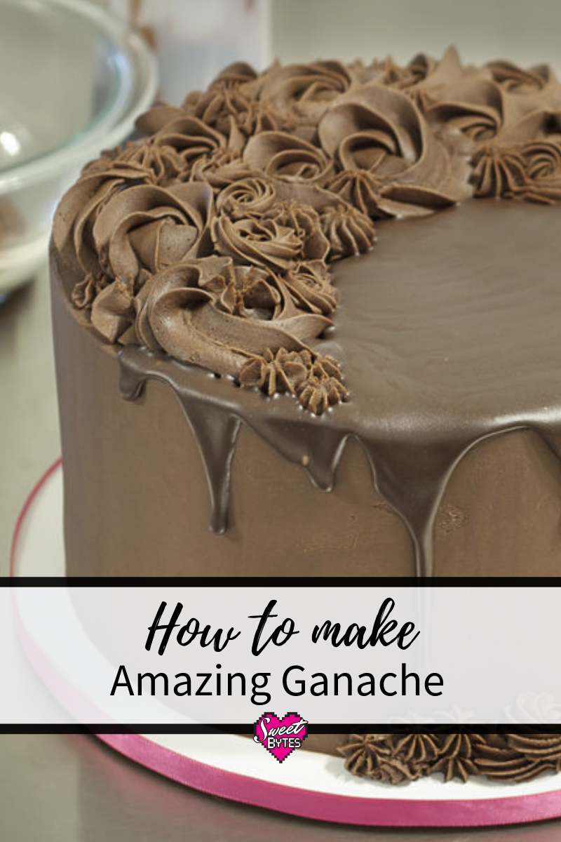 A pinterest image of ganache on a chocolate cake