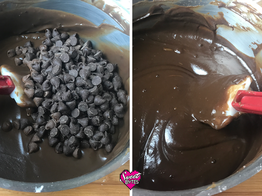 Side by side of real chocolate chips added to the chocolate Thin Mint pie filling