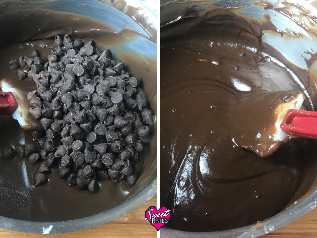 Side by side of real chocolate chips added to the chocolate Thin Mint pie filling 