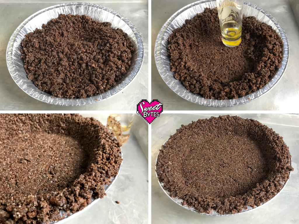 4 step process of making the thin mint cookie crumbs into a thin mint pie crust