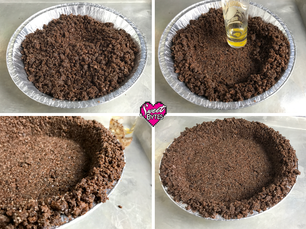 4 step process of making the thin mint cookie crumbs into a thin mint pie crust 