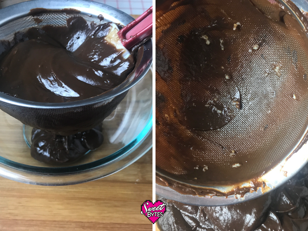 Side by side photos of Thin mint pie filling being pushed through a sieve then close up of the sieve afterwards