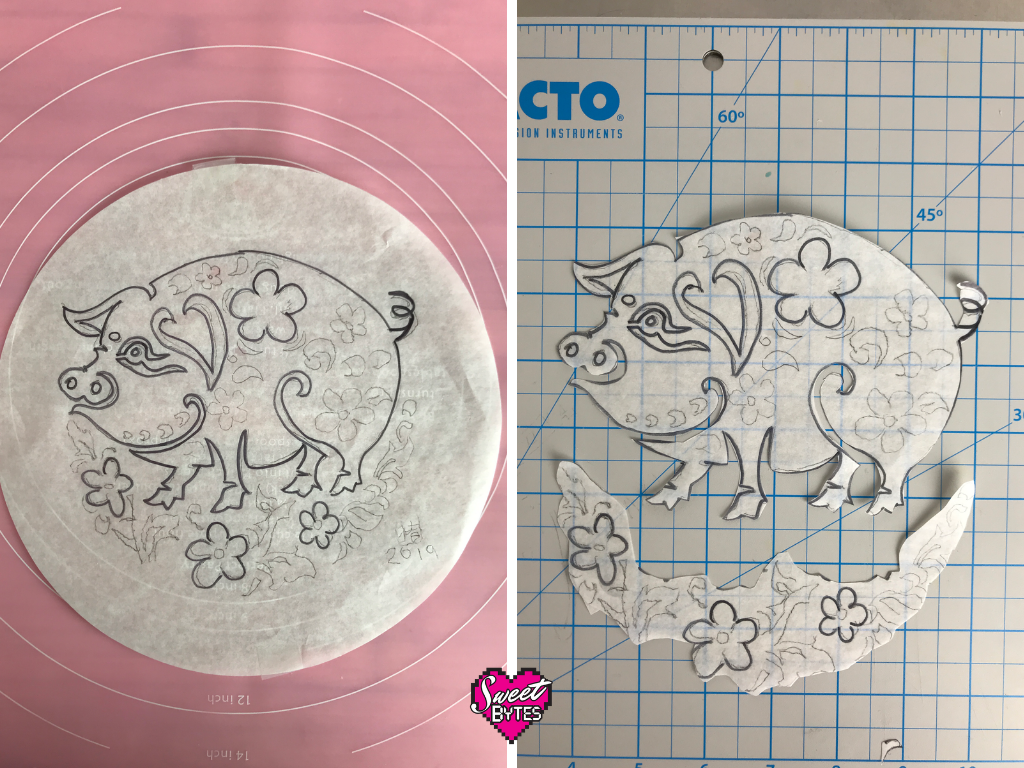 2 images, on the left is the pig pie sketch on a parchment circle. On the right: the sketch cut into pieces as it was used in making the pie