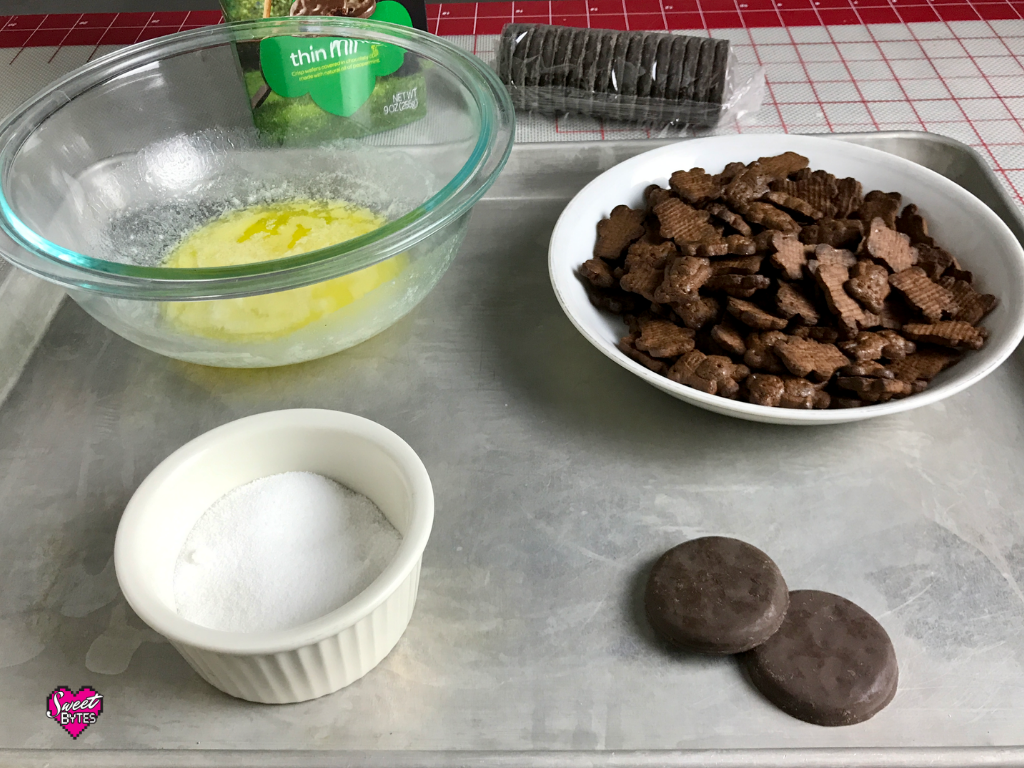 Ingredients for Thin Mint Pie crust arranged on a baking sheet