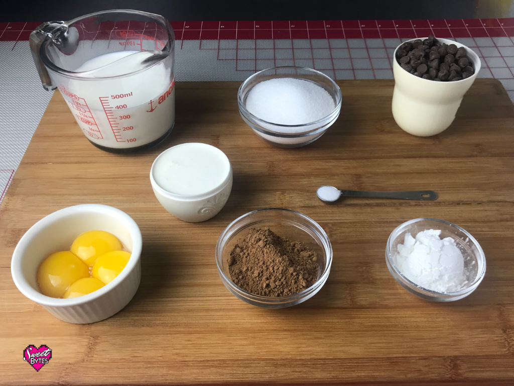 Ingredients for Thin Mint pie filling arranged on a wooden board