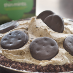 Close up of a Thin Mint Pie made with Thin Mints Girl Scouts Cookies on top