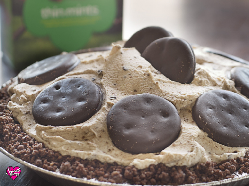 Close up of a Thin Mint Pie made with Thin Mints Girl Scouts Cookies on top