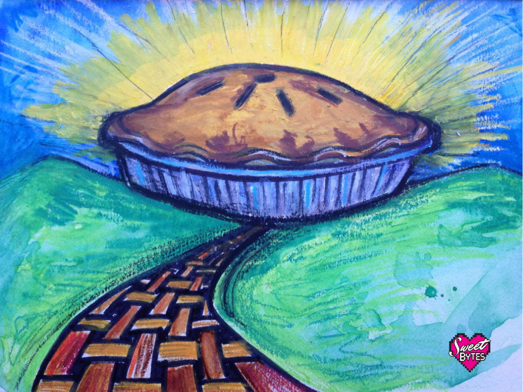 an illustration of a pie taking the place of the sun on the horizon at the end of a pie path