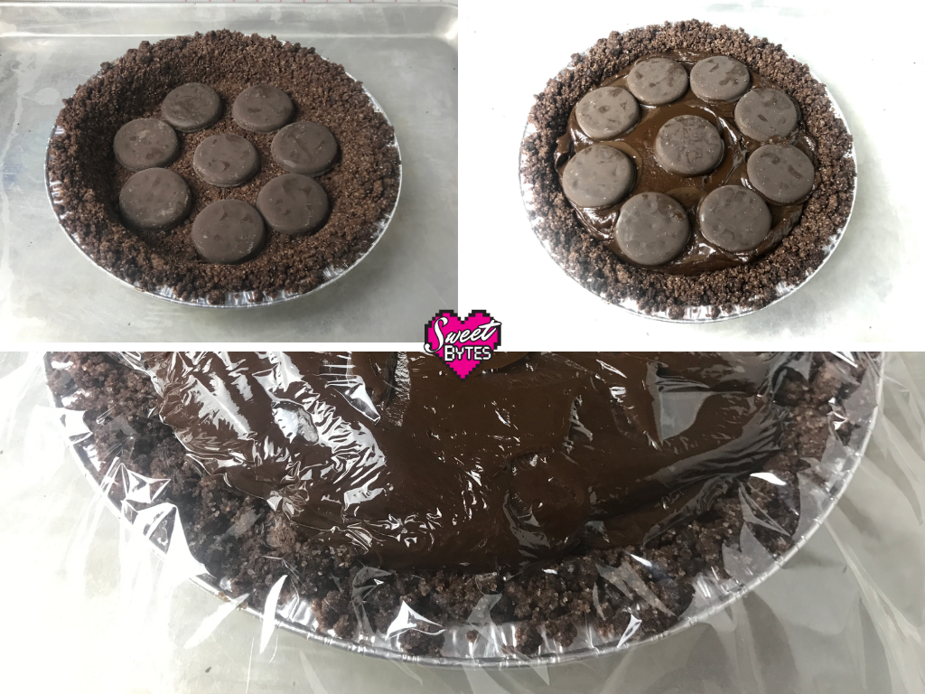 Assemble the Thin Mints Pie with layers of whole cookies and chocolate pastry cream 3 images of Thin Mint Pie as its assembled with whole Thin Mints Girl Scout cookies layered inside