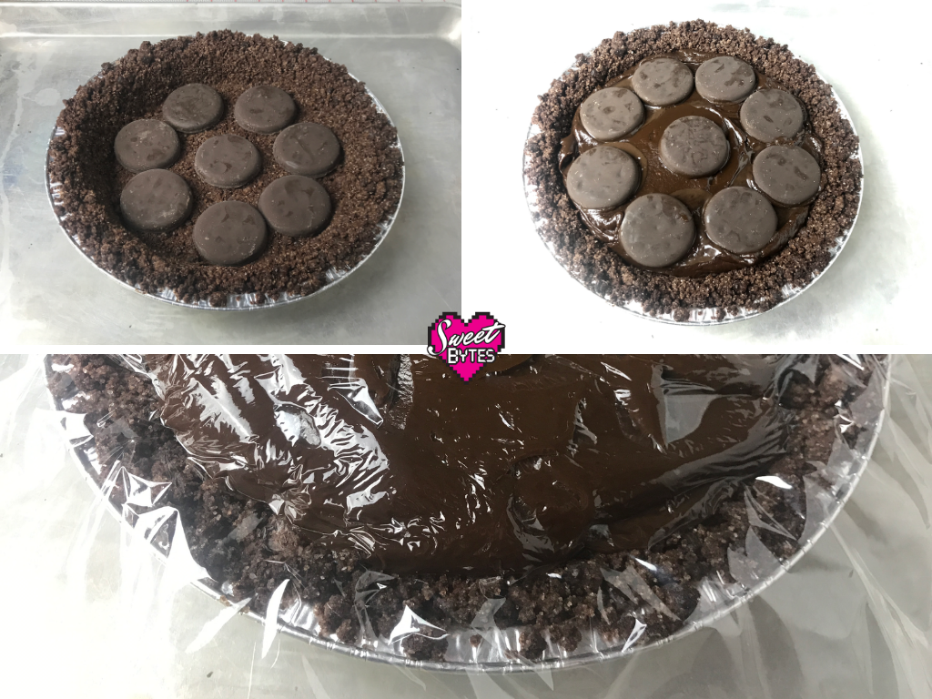 3 images of Thin Mint Pie as its assembled with whole Thin Mints Girl Scout cookies layered inside