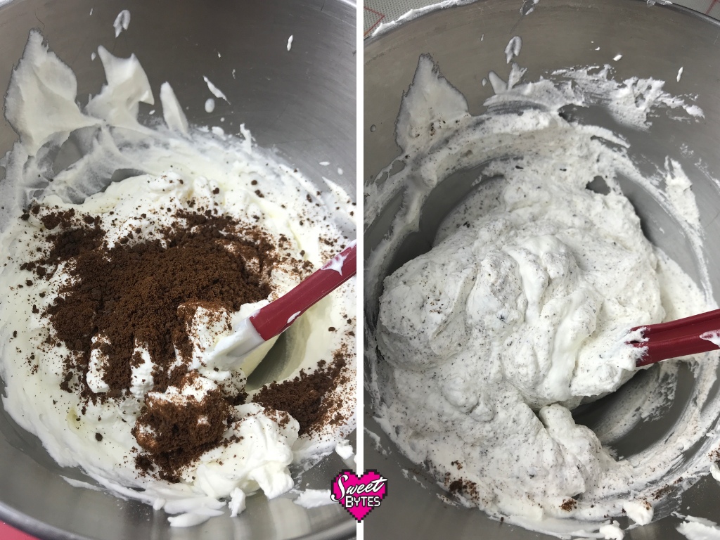 The Making of Thin Mint Whipped Cream Side by side photos of whipped cream with Thin Mints crumbs being folded in to make Thin Mint Pie