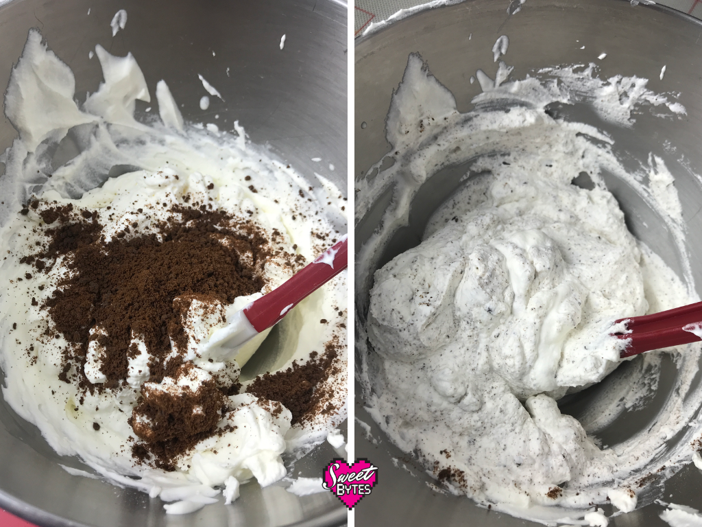 Side by side photos of whipped cream with Thin Mints crumbs being folded in to make Thin Mint Pie