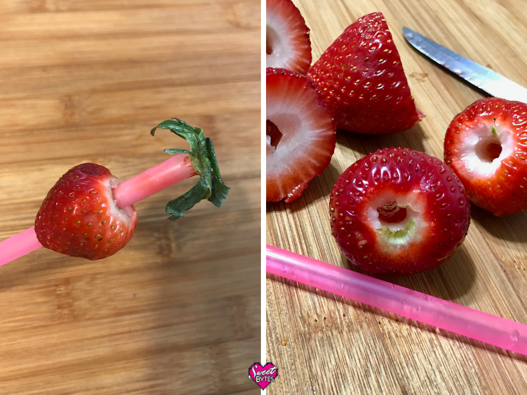 Quick tip for hulling strawberries! left side is a strawberry hulled by a drinking straw, right side is a group of hulled strawberries