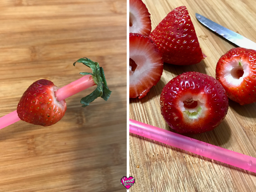 left side is a strawberry hulled by a drinking straw, right side is a group of hulled strawberries